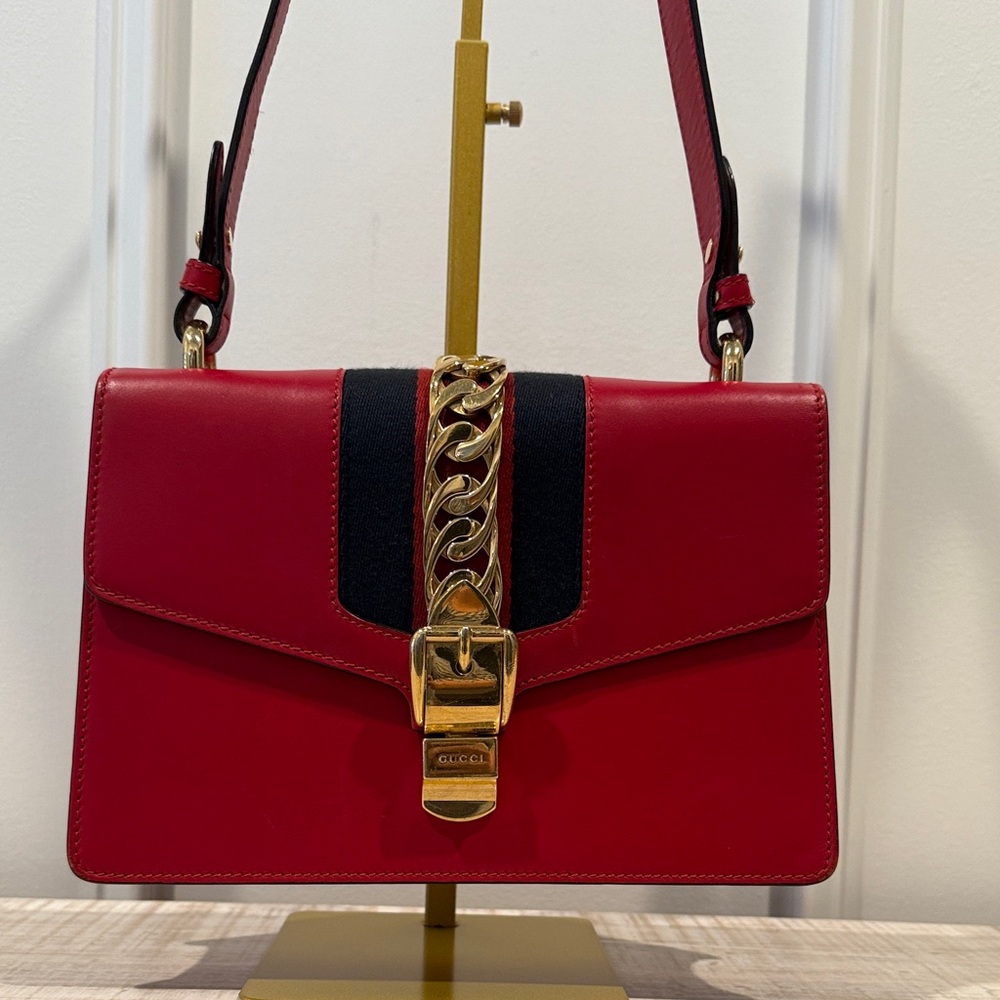 Gucci Sylvie Red Leather Shoulder Bag with GG Dustbag & COA